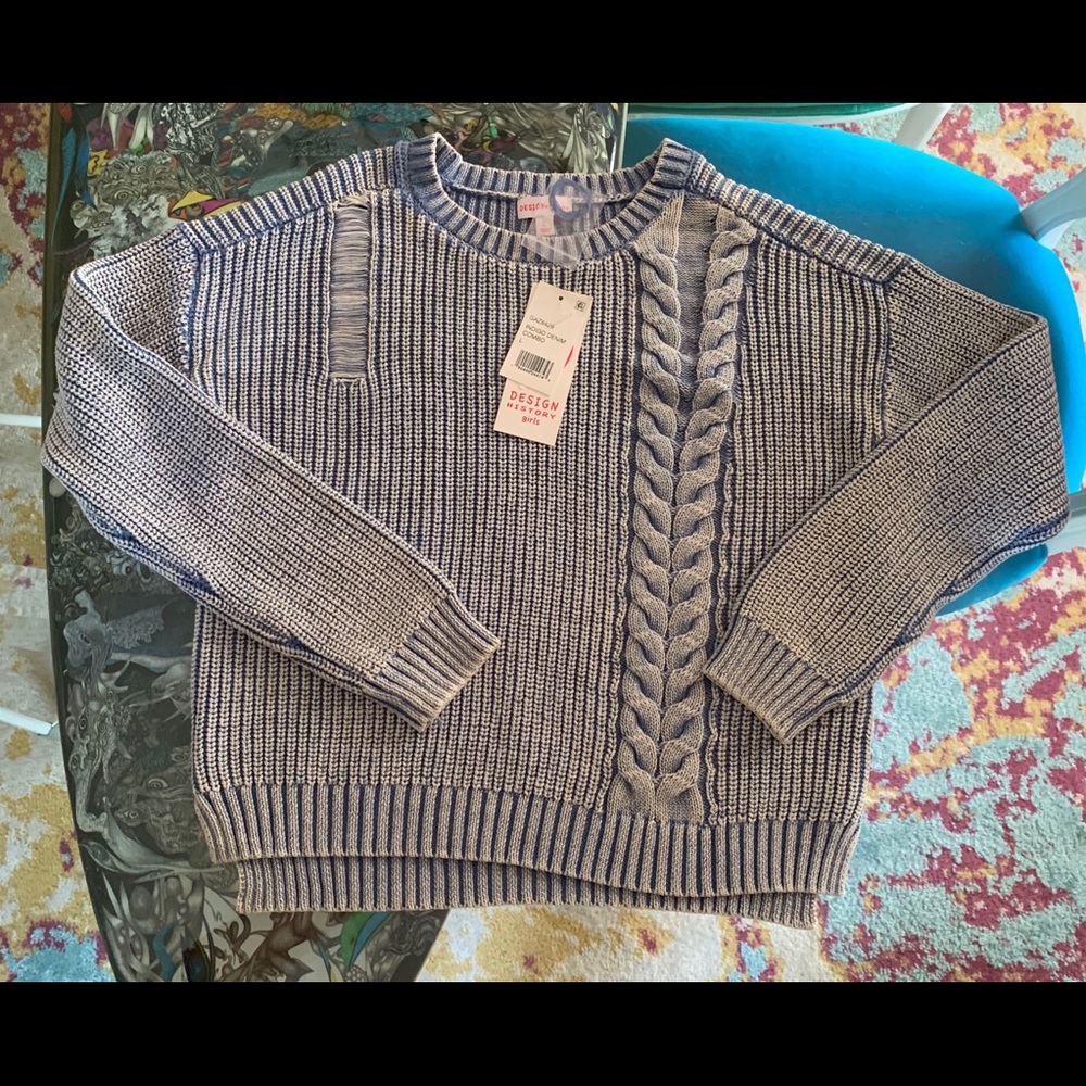 Design History, NWT, Girls Distressed Blue Sweater Size L
